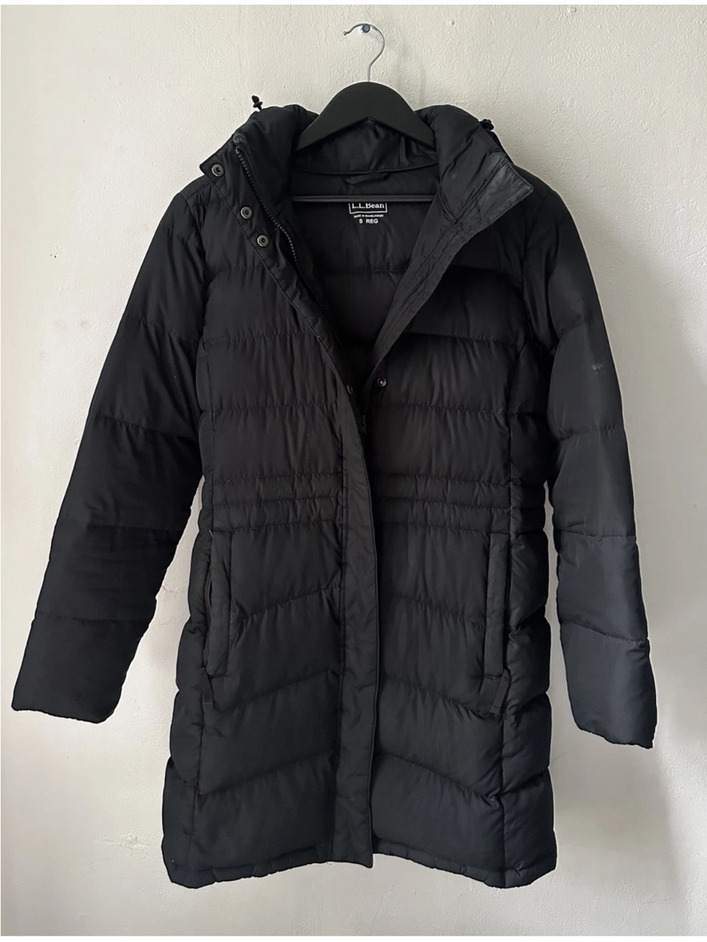 L.L.Bean DownTek Puffer Down Coat Womens Small Black Hooded Two Way Zip Jacket